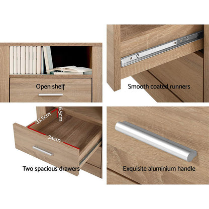 Artiss 2X Bedside Table 2 Drawers with Shelf - TARA Oak