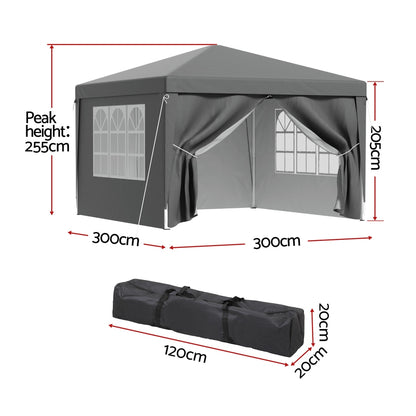 Instahut Gazebo 3x3 Pop Up Marquee Folding Tent Wedding Gazebos Camping Outdoor Shade Canopy Gray