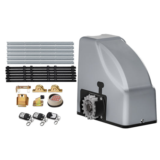 Gray electric sliding gate opener motor housing with mounting bracket and drive gear