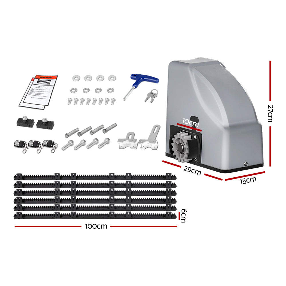 Sliding gate opener power unit with black track rails, hardware, and key tools set