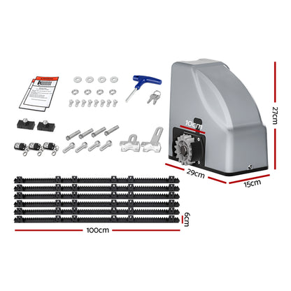 Sliding gate opener power unit with black track rails, hardware, and key tools set