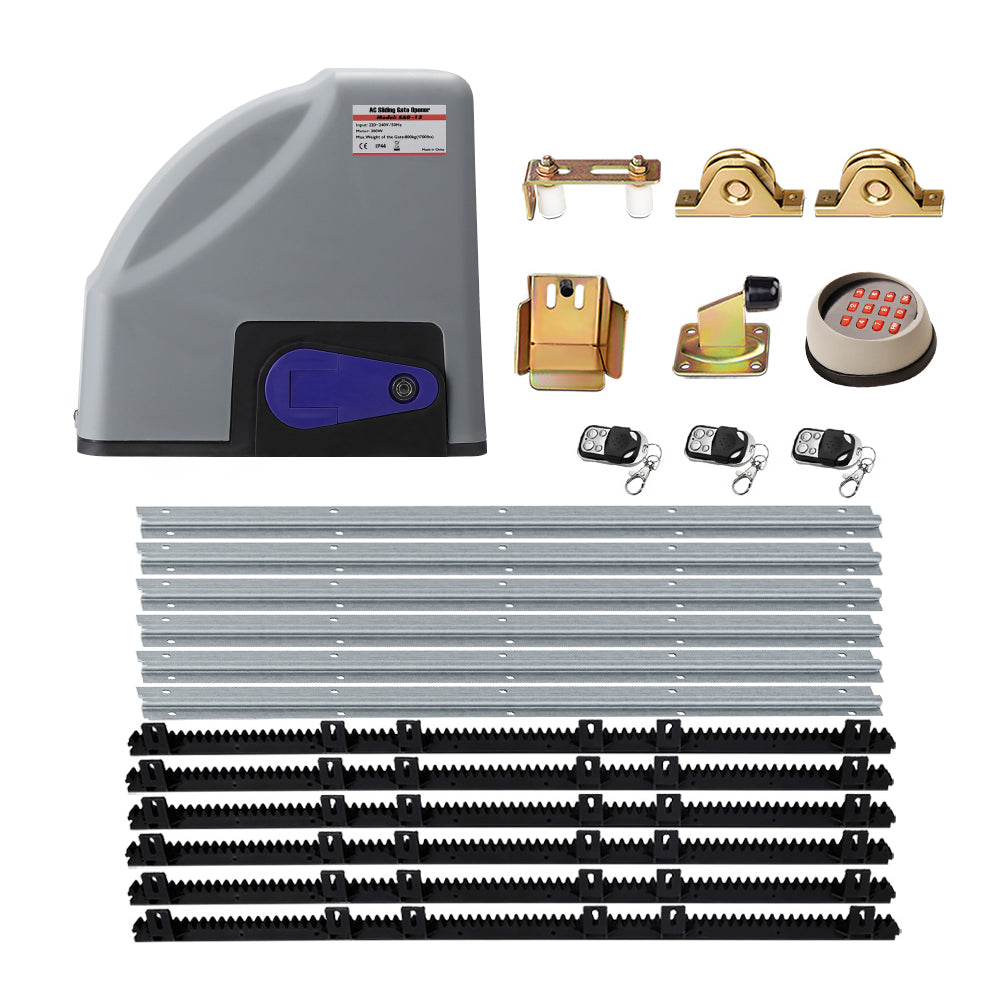 Gray gate opener motor unit with rail tracks and remote key fobs accessory set