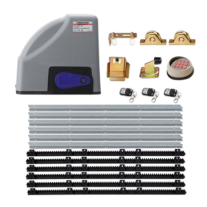 Gray gate opener motor unit with rail tracks and remote key fobs accessory set