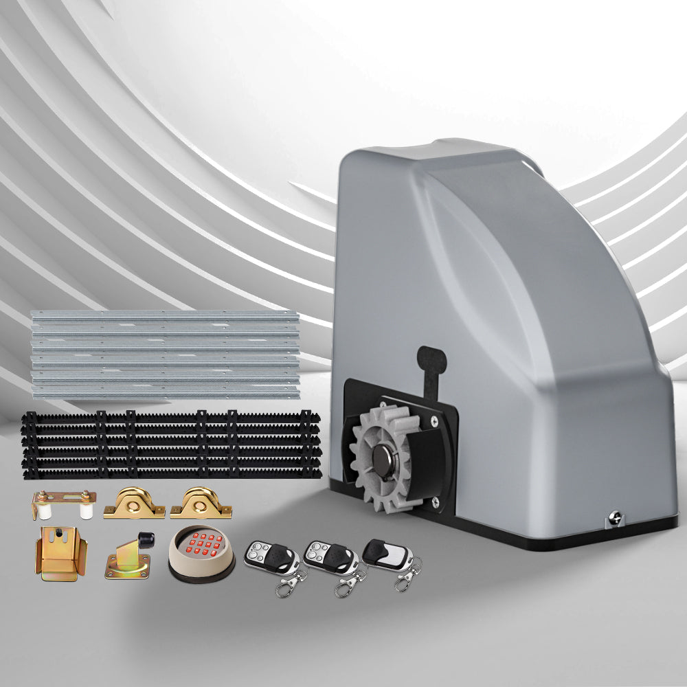 Electric sliding gate opener kit with gray motor housing, black track rails, and remotes