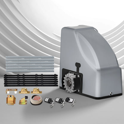 Electric sliding gate opener kit with gray motor housing, black track rails, and remotes