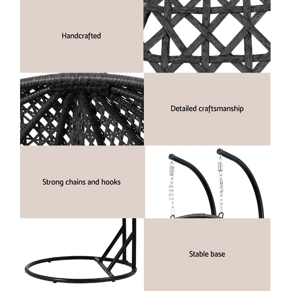 Gardeon Outdoor Egg Swing Chair Wicker Furniture Pod Stand Cushion 2 Seater Grey