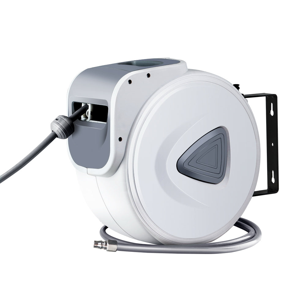 Retractable air hose reel with wall bracket, white housing and gray hose