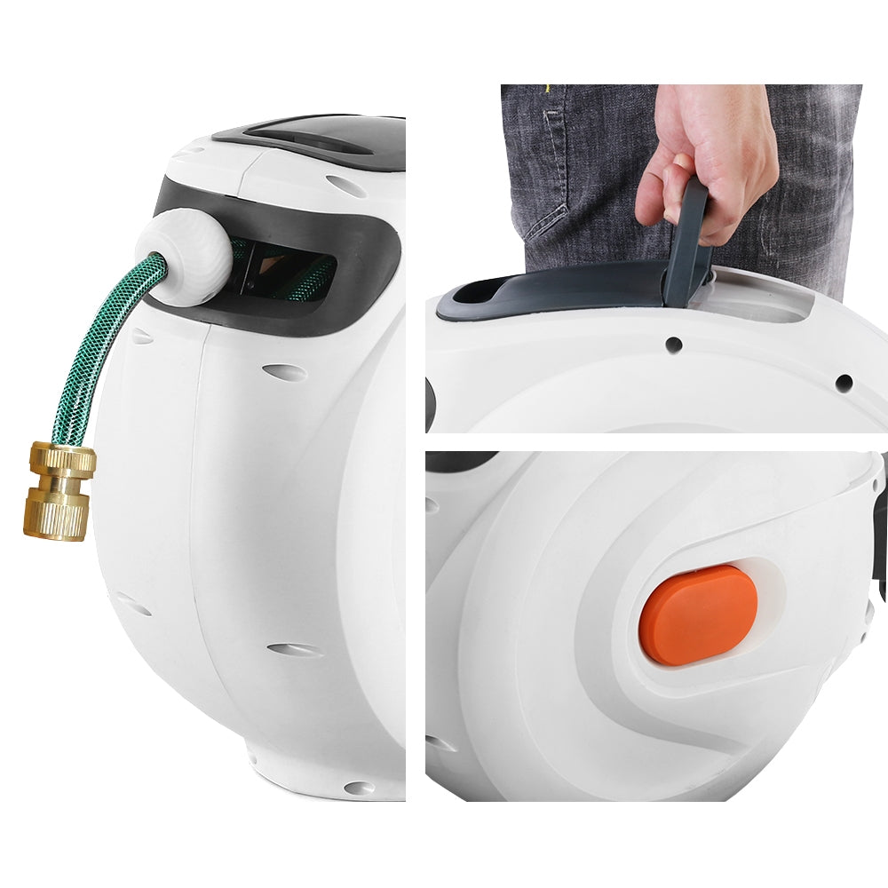 Green Fingers Water Hose Reel 30M Retractable Garden Brass Spray Gun Auto Rewind