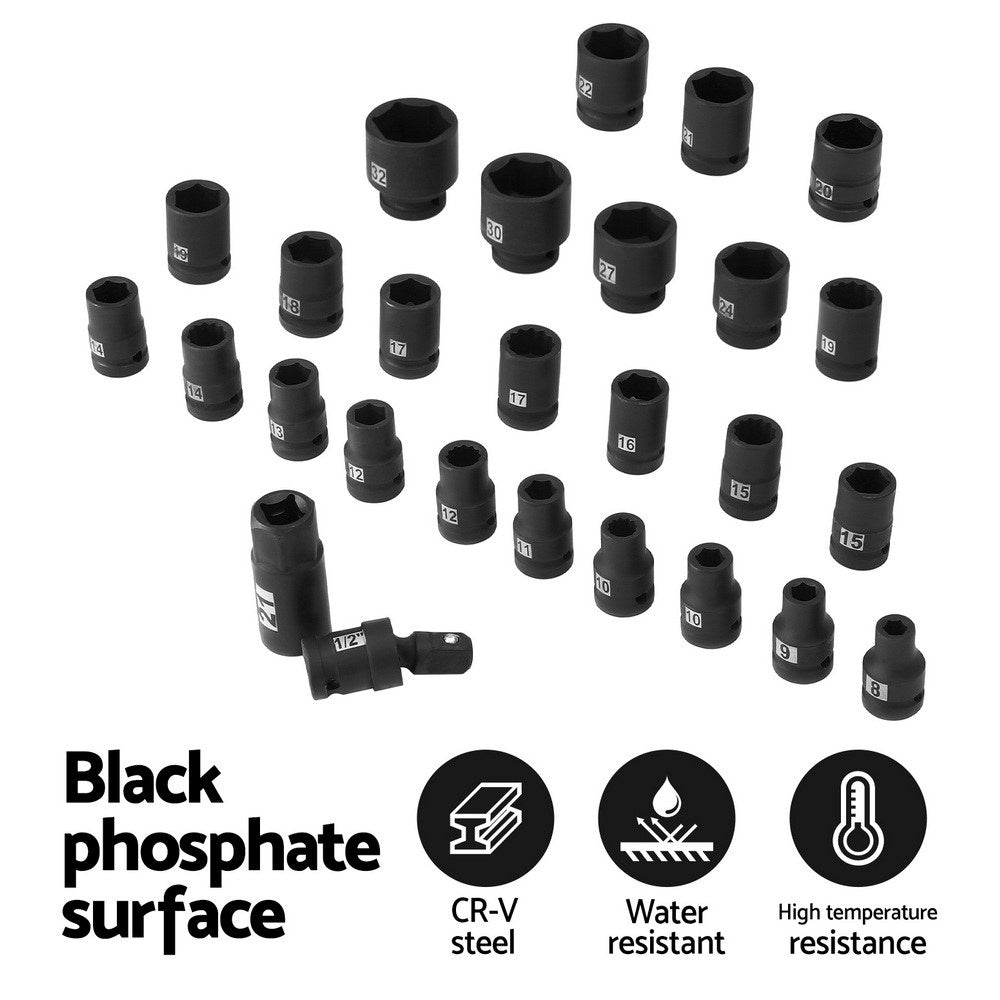 Giantz 30Pc 1/2inches Drive Socket Set Cr-V Steel 8-32mm Workshop Repair