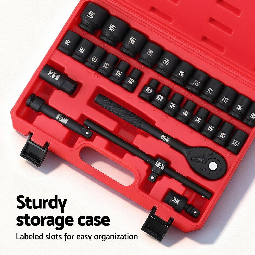 Giantz 30Pc 1/2inches Drive Socket Set Cr-V Steel 8-32mm Workshop Repair