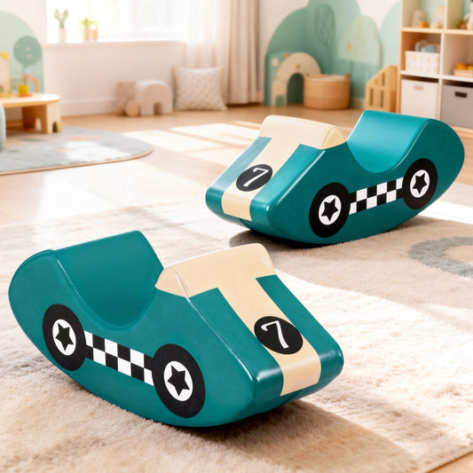 Teal foam toddler car rocker with cream stripe, checkered bumper, and star wheels