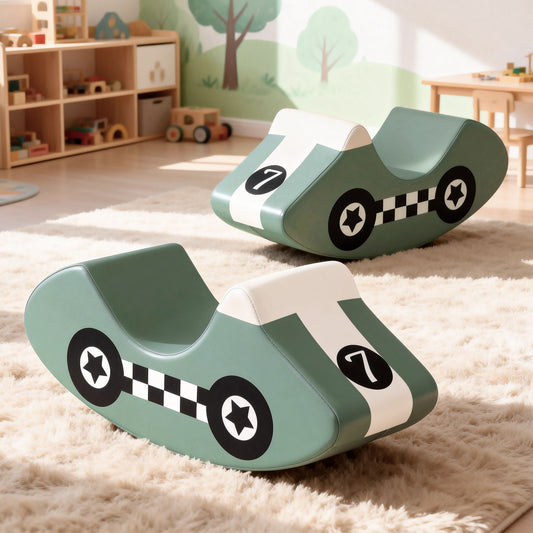 Green foam toddler rocker toy with star-and-checkered wheel decals