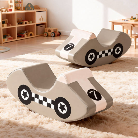 Two khaki foam car-shaped toddler rockers on carpet with star and checker decals