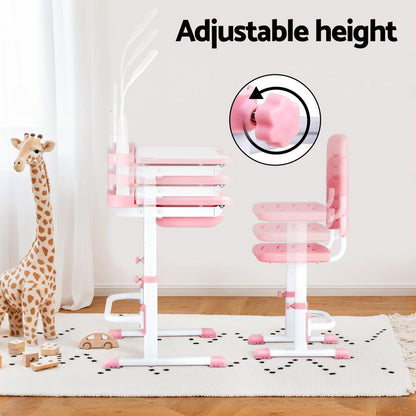Keezi Kids Table and Chair Set Adjustable Study Desk w/ LED Lamp Reading Pink