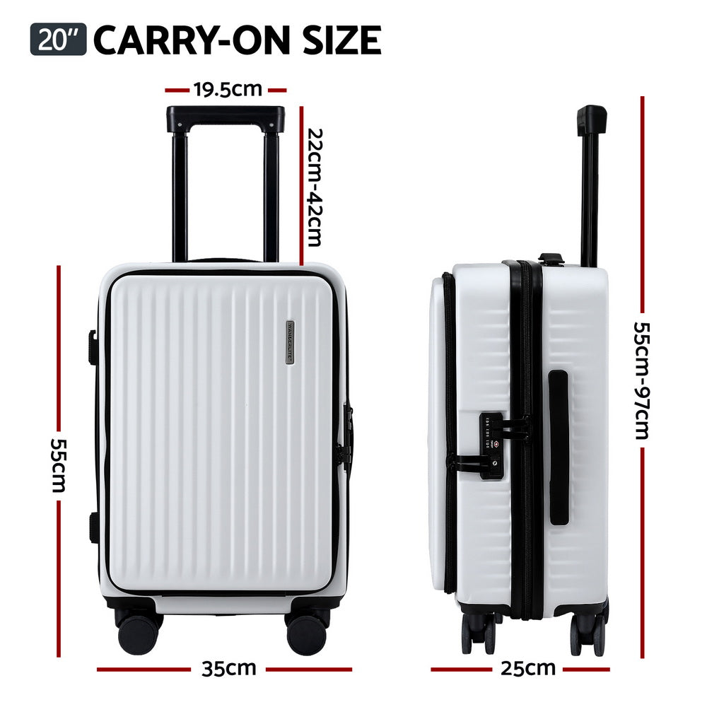 Wanderlite 20inches Luggage Suitcase Front Pocket Travel Carry On Dual TSA White