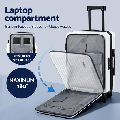 Wanderlite 20inches Luggage Suitcase Front Pocket Travel Carry On Dual TSA White