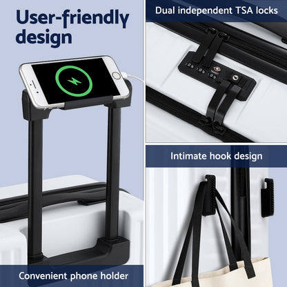 Wanderlite 20inches Luggage Suitcase Front Pocket Travel Carry On Dual TSA White