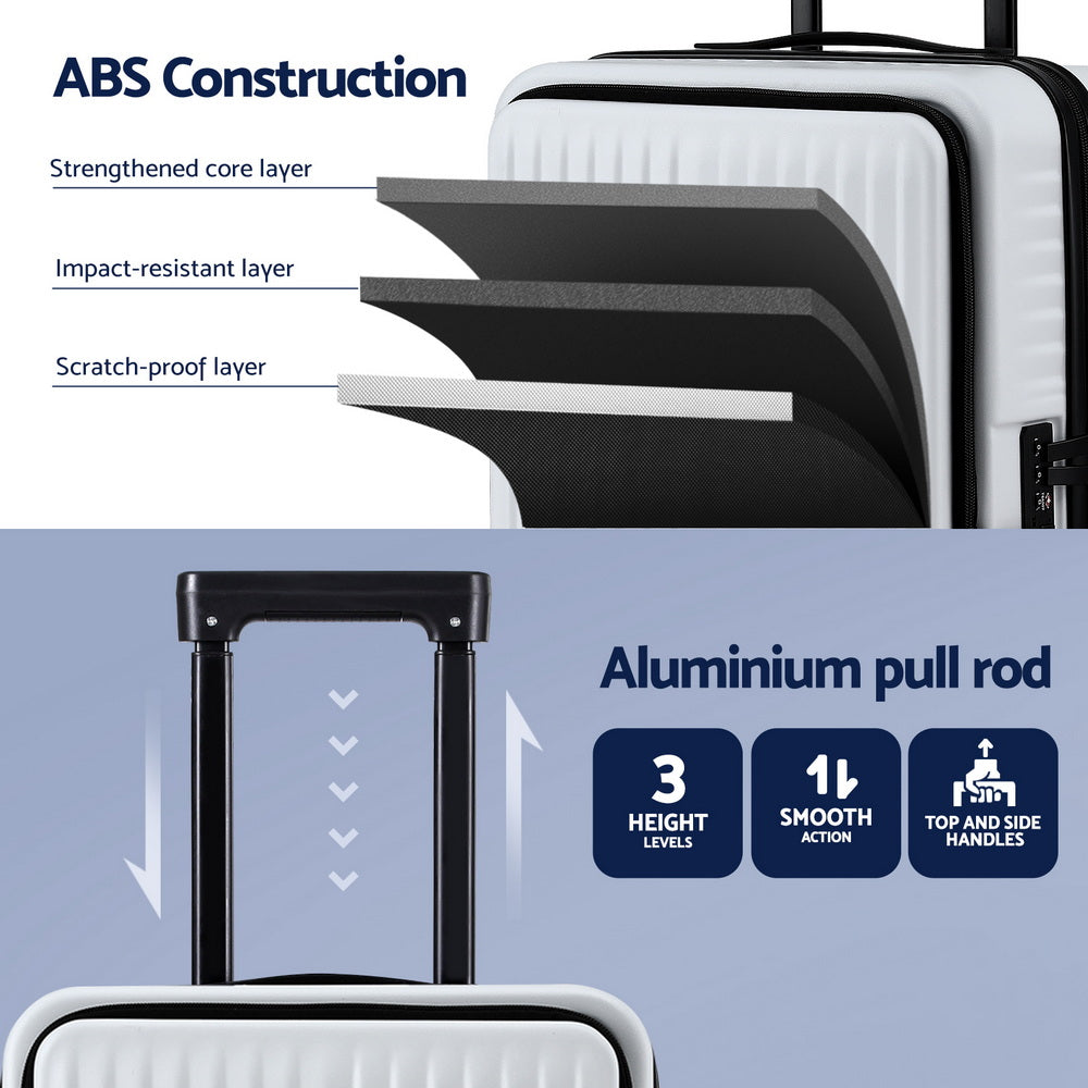 Wanderlite 20inches Luggage Suitcase Front Pocket Travel Carry On Dual TSA White