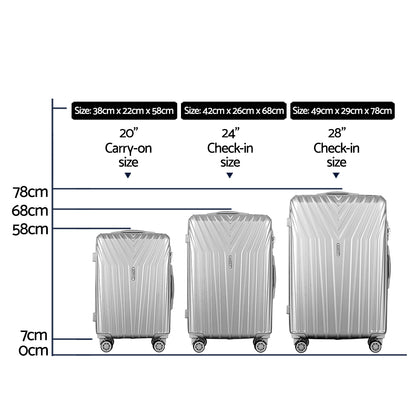 Wanderlite 3 Set Luggage 20-24-28 Inch Suitcase with TSA Lock Carry On Hard Shell Travel Luggage Organiser Case Silver