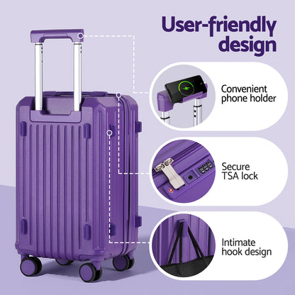 Wanderlite 2pcs Trunk Luggage Suitcase Travel Carry On TSA Lock 12inches 20inches Purple