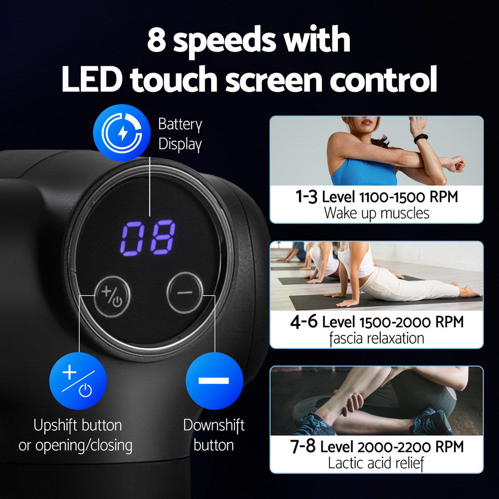 Everfit Massage Gun 8 Speed 4 Heads Vibration Muscle Massager Chargeable Black