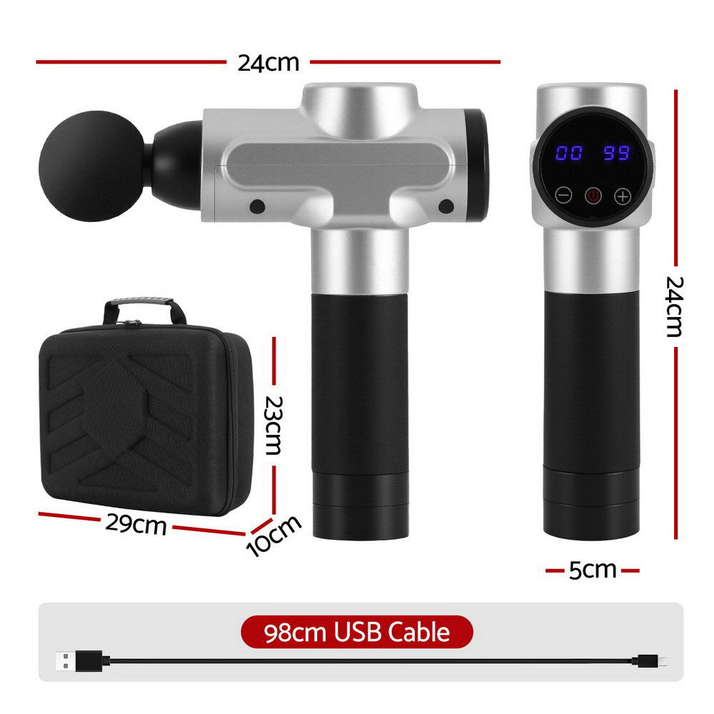 Everfit Massage Gun 30 Speed 6 Heads Vibration Muscle Massager Chargeable Silver