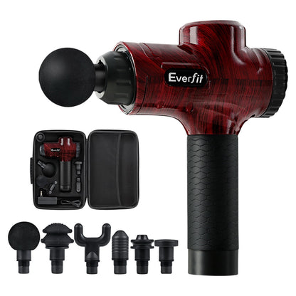Red handheld massage gun with black textured grip and round massage head