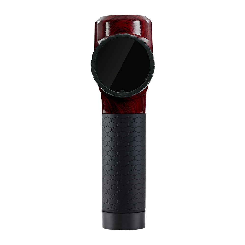Red and black handheld massage gun with hex-pattern sleeve and open head
