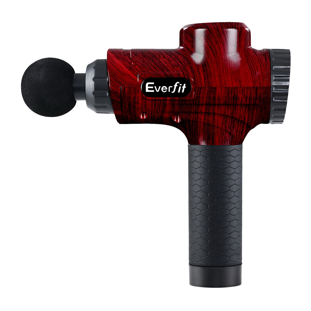 Red handheld massage gun with round attachment and black textured handle