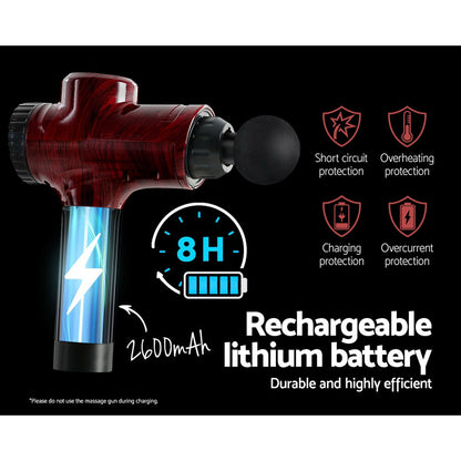 Red handheld rechargeable massage gun with round head and glowing battery indicator