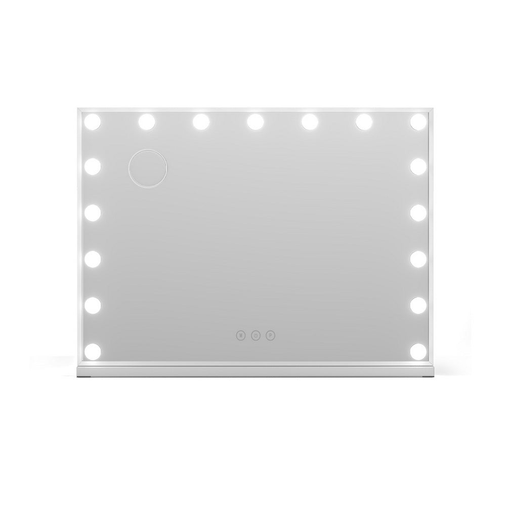 LED Hollywood vanity mirror with evenly spaced border bulbs and tabletop base