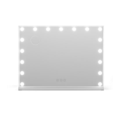 LED Hollywood vanity mirror with evenly spaced border bulbs and tabletop base