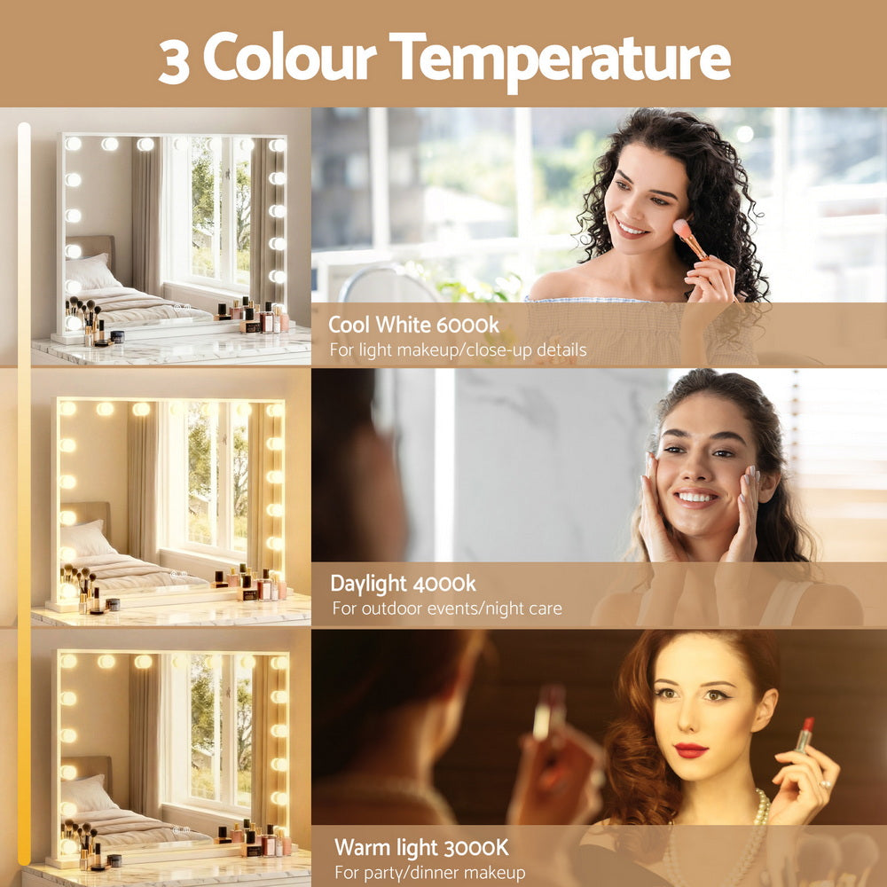 LED vanity mirror shown in three lighting tones while a person applies makeup