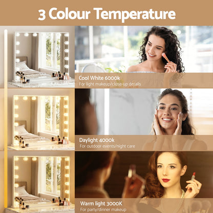 LED vanity mirror shown in three lighting tones while a person applies makeup