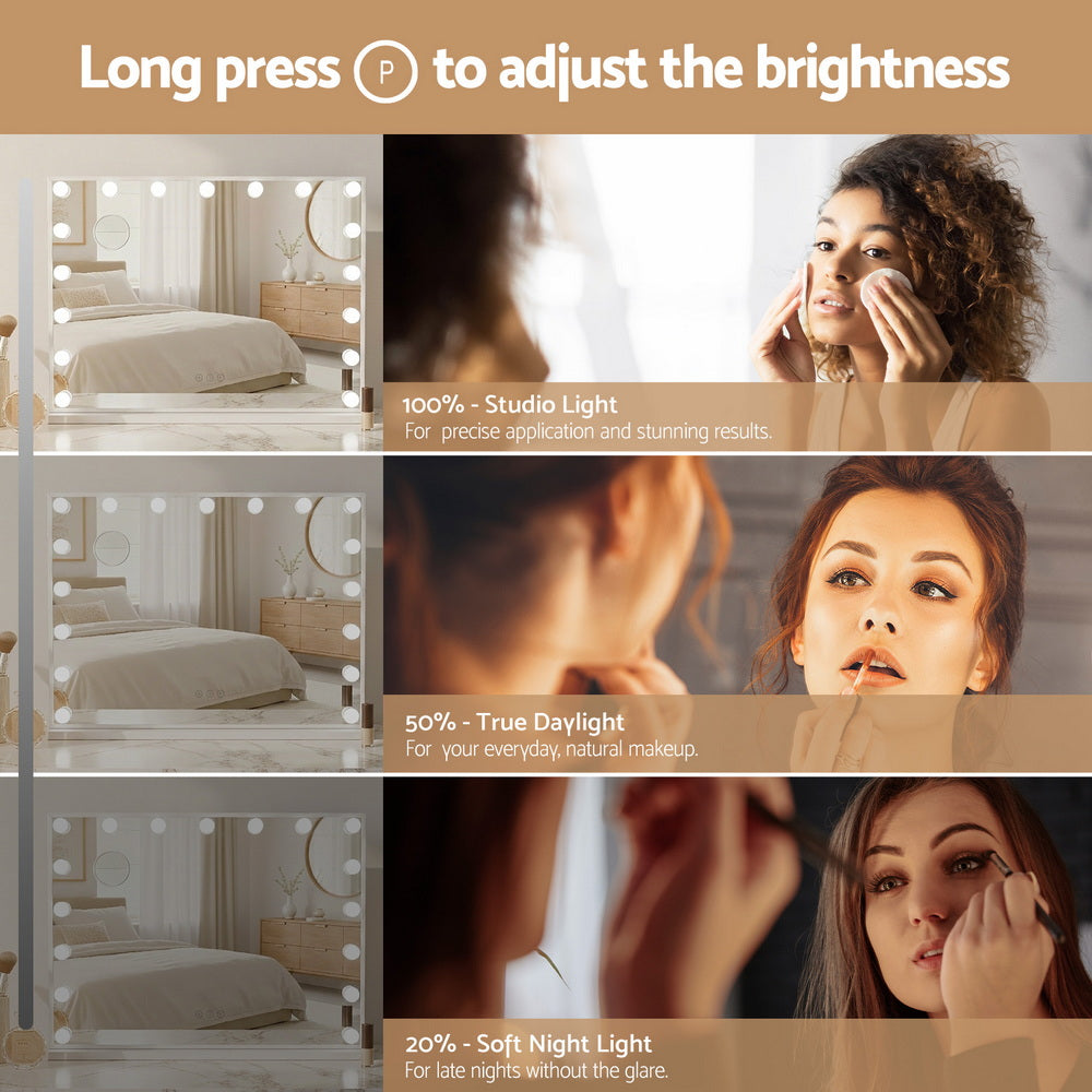 LED Hollywood vanity mirror with brightness control, shown during makeup application