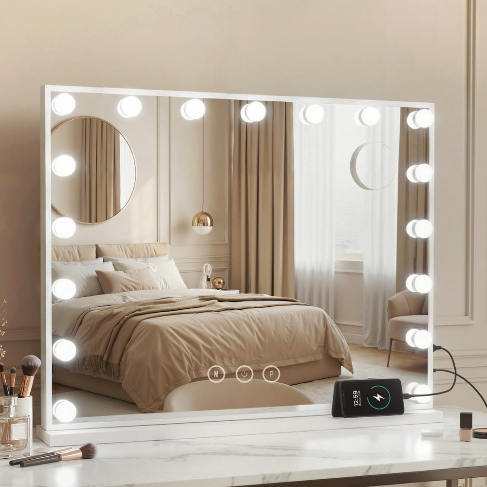 LED Hollywood vanity mirror on tabletop with bulb frame and round magnifier cutout