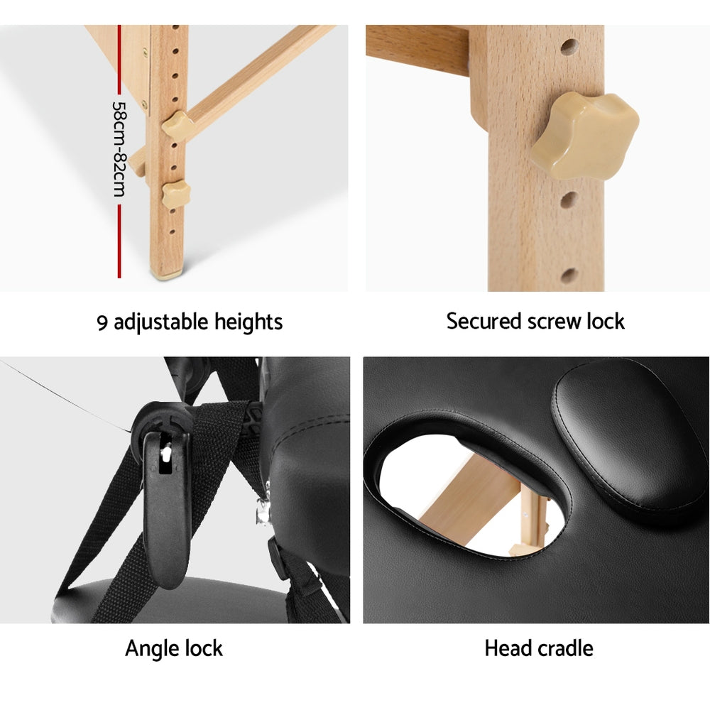 Zenses Massage Table 75cm Portable 3 Fold Wooden Beauty Bed Black