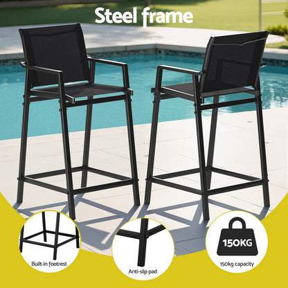 Gardeon 2PC Outdoor Bar Stools Steel Dining Chairs Patio Furniture Garden Black