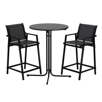 Gardeon 3PC Outdoor Bar Set Stools Dining Chairs Table Patio Furniture Bistro Set Steel Black