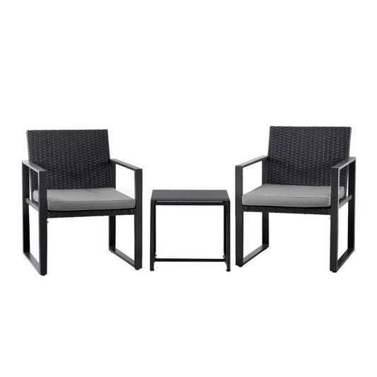 Gardeon 3PC Outdoor Bistro Set Patio Furniture Wicker Dining Chairs Table Cushion Black
