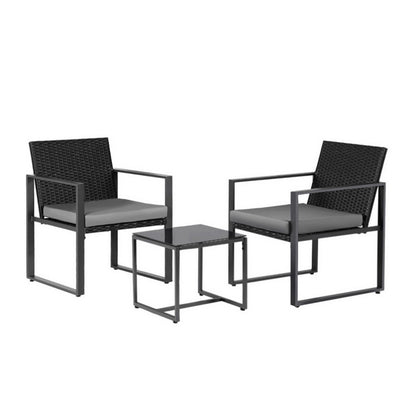 Gardeon 3PC Outdoor Bistro Set Patio Furniture Wicker Dining Chairs Table Cushion Black