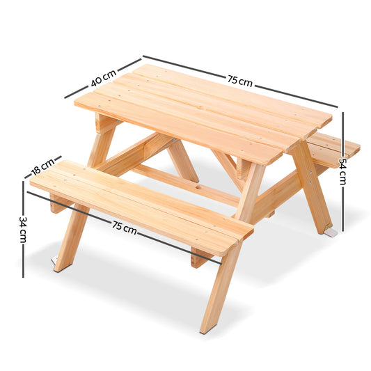 Wooden kids picnic table with two attached benches, natural finish