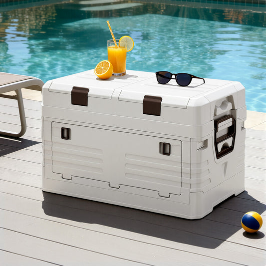Foldable outdoor storage box, white with brown latches and molded side handles