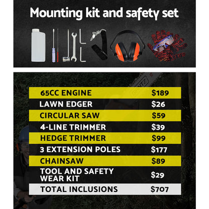 Giantz 65CC Pole Chainsaw Hedge Trimmer Brush Cutter Whipper Saw Snipper 7-in-1