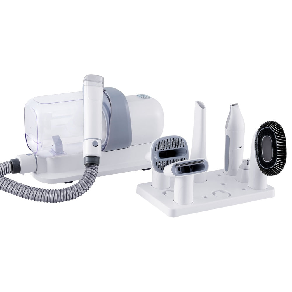 Pet grooming vacuum hair dryer kit with transparent cover and brush/nozzle attachments