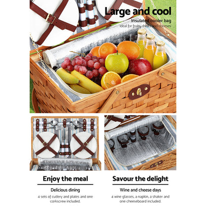 Alfresco 4 Person Picnic Basket Set Wooden Blanket Cooler Bag Outdoor Insulated