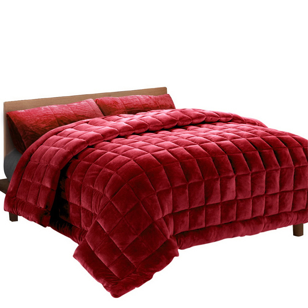 Burgundy faux mink quilt, plush baffle-quilted bedspread with matching draped throw