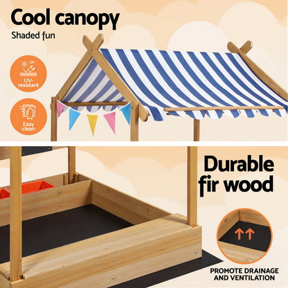 Keezi Kids Sandpit Wooden Sandbox Sand Pit with Canopy Water Basin Toys 146cm