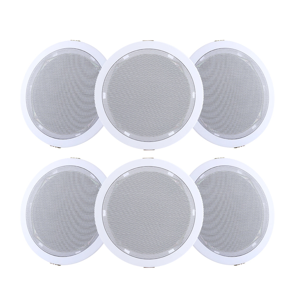6-inch ceiling speaker set, six white round speakers with gray mesh grilles