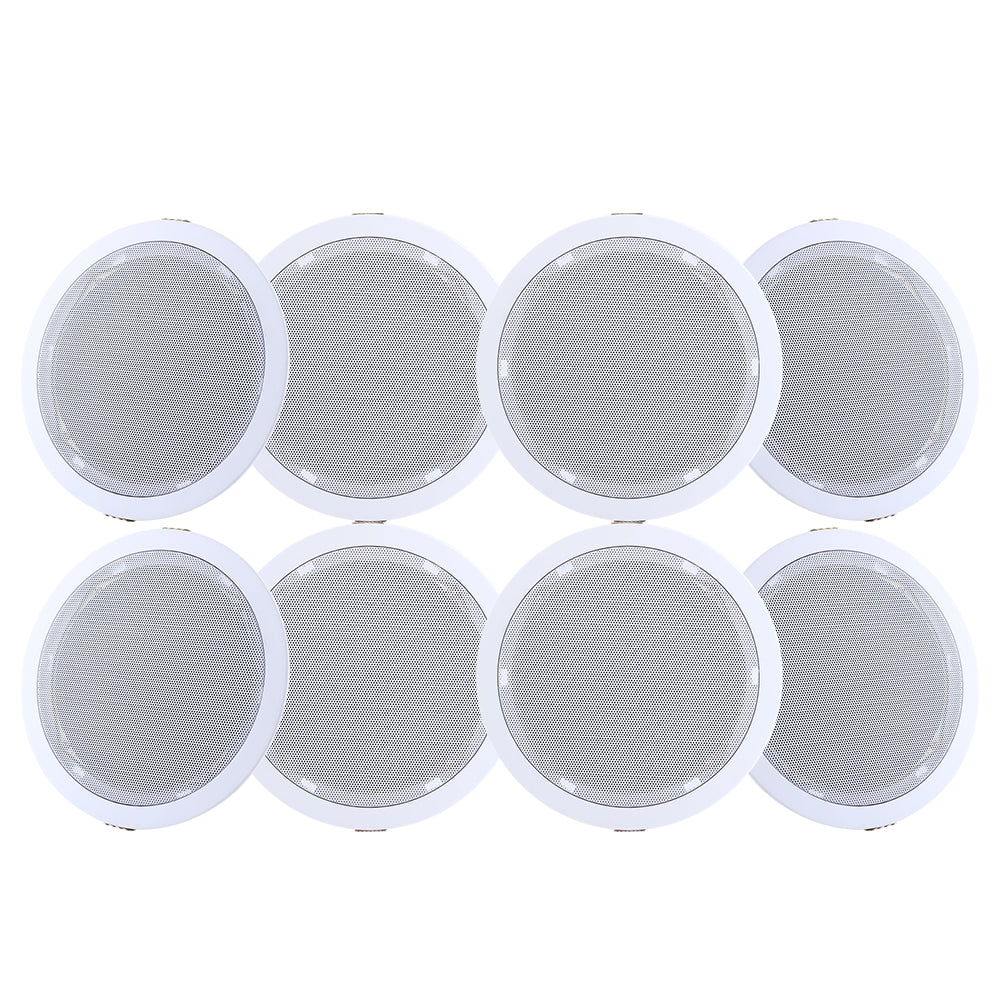 Set of eight 6-inch white ceiling speakers with round mesh grilles